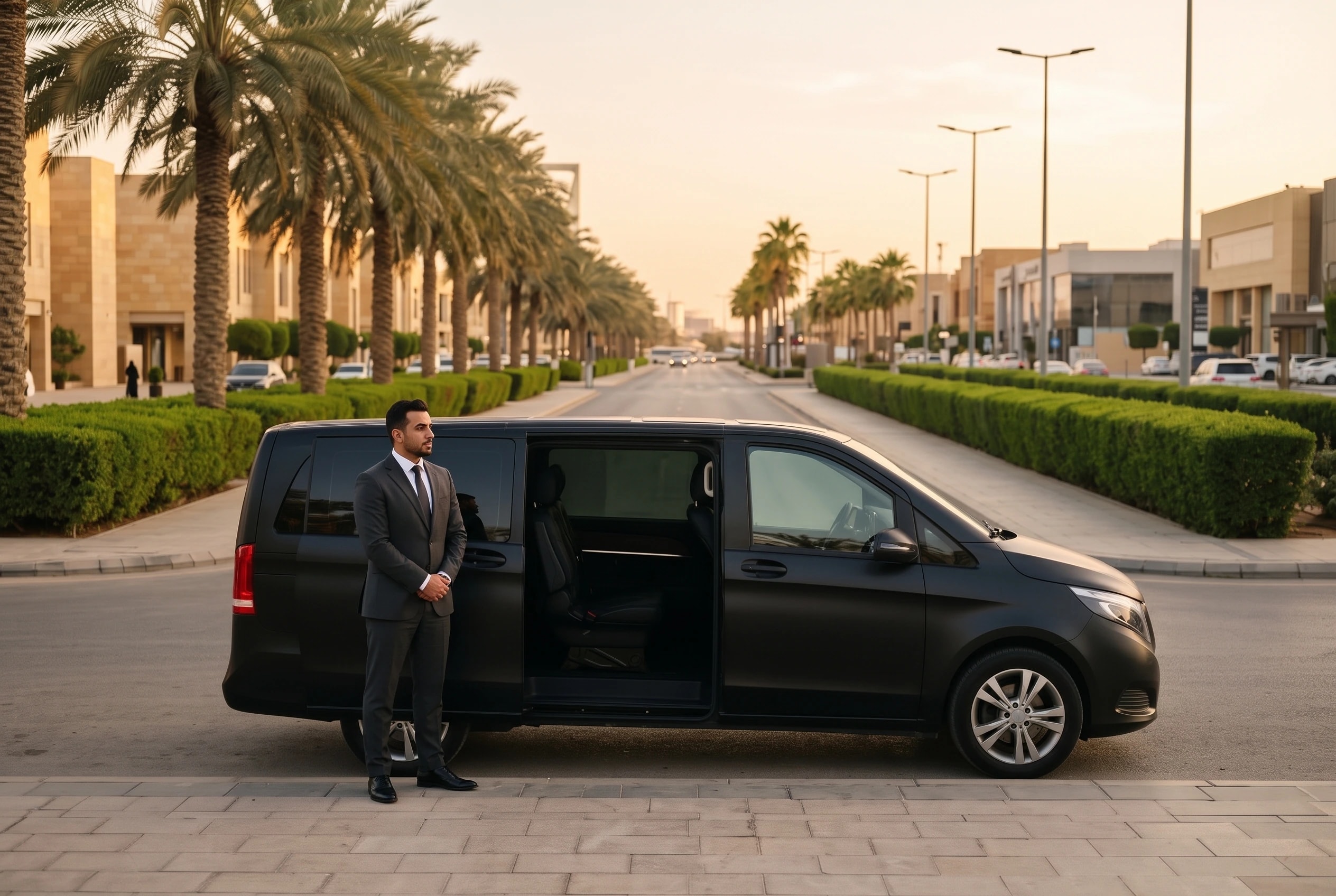 A chauffeur waiting beside a van with its door open on a palm-lined street